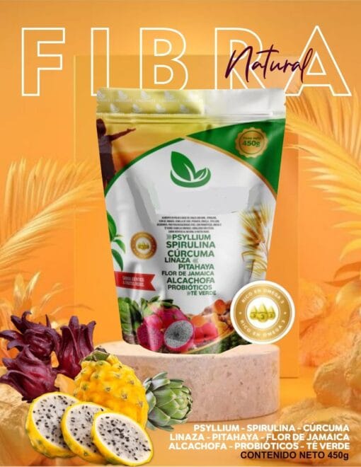 Urbanatt - Fibra Natural  - Psylium + Spirulina + Cúrcuma + Linaza + Pitahaya + Flor de Jamaica + Alcachofa + Probióticos + Té Verde - 450Gr
