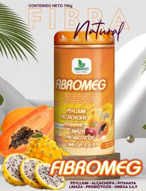 Fibromeg Natural - Psyllium, Alcachofa + pitahaya + Linaza + Probióticos + Omega 3,6 y 9 - 700Gr