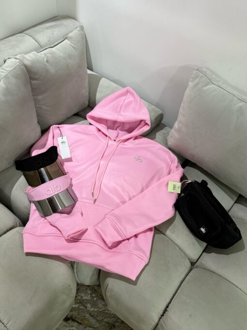Combo Alo Essentials – Hoodie Rosa + Termo + Canguro Negro + Bandas
