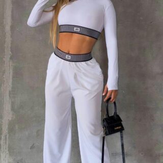 Conjunto Blanco Alo Manga Larga y Pantalón Pretina Rayada